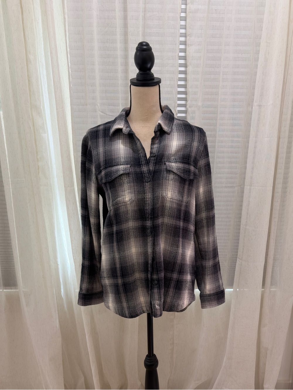 Eddie Bauer Women's Black and Gray Plaid Shirt